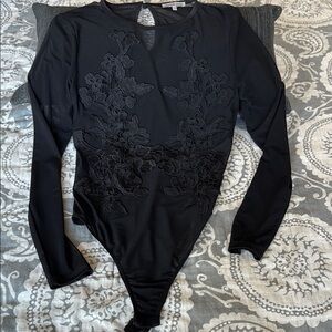 Charlotte Russe Black Long Sleeve Bodysuit via with Floral Embroidery